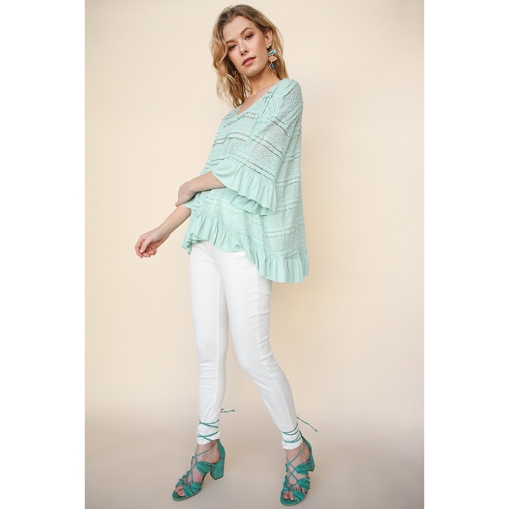 Umgee Dusty Mint Crochet Bell Sleeve Ruffle Top